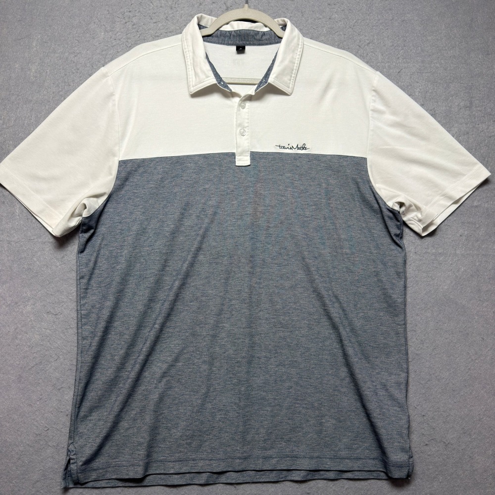 TravisMathew Mens XL Colorblock Polo Shirt White Blue Short Sleeve Golf Top